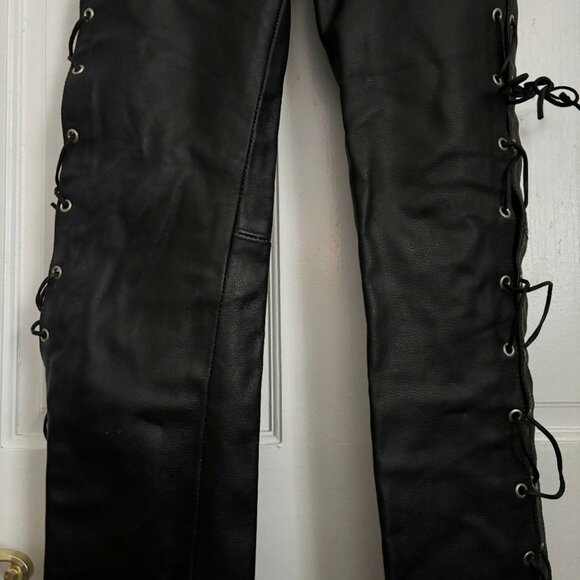 Leather Lace Up Side Pants Black XS Vintage Size 28 Tie ARD Champs Genuine Biker - Picture 5 of 11